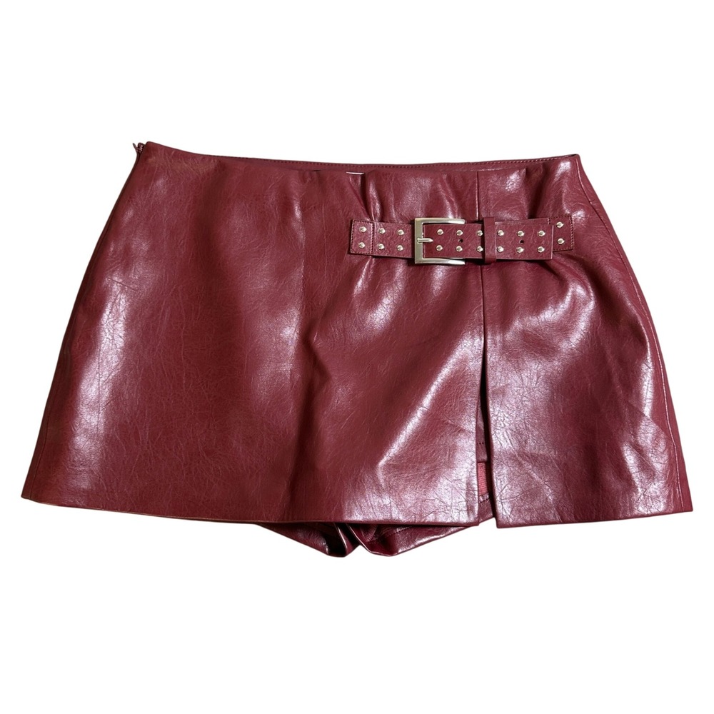 Bershka Burgundy Faux Leather Wrap Skort Studded Belted Mini Size M